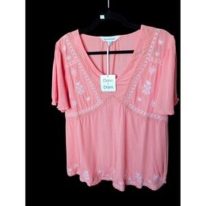 NWT Davi & Dani Coral Orange Embroidered Boho V-Neck Ruffle Sleeve Blouse Size M
